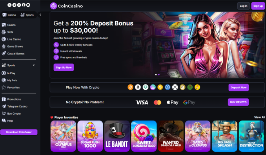 CoinCasino - jauns kazino ar milzīgiem bonusiem un kripto maksājumiem
