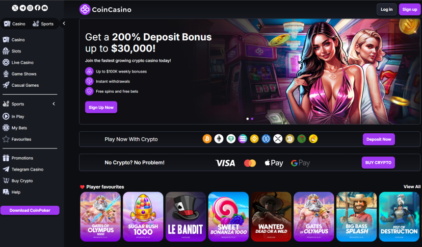 2. CoinCasino - jauns kazino ar milzīgiem bonusiem un kripto maksājumiem
