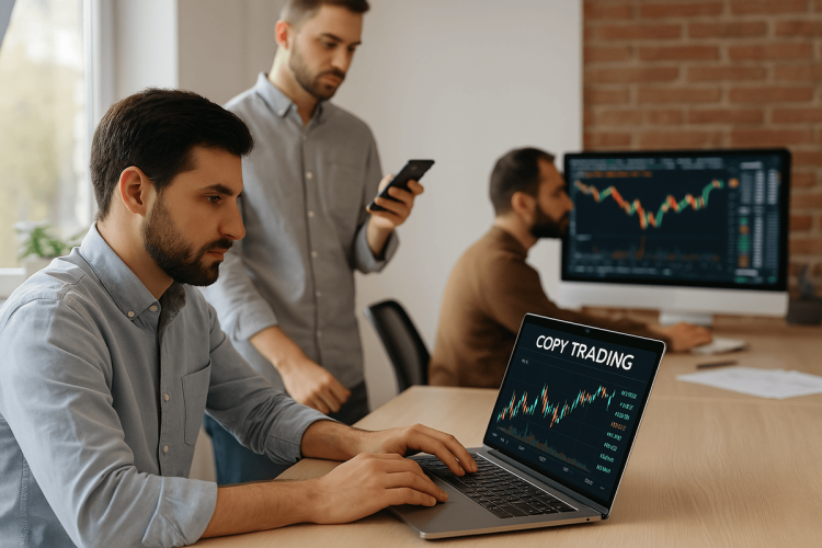 Imagem de homens trabalhando com copy trading em um escritório moderno, utilizando laptop e computador para análises financeiras.