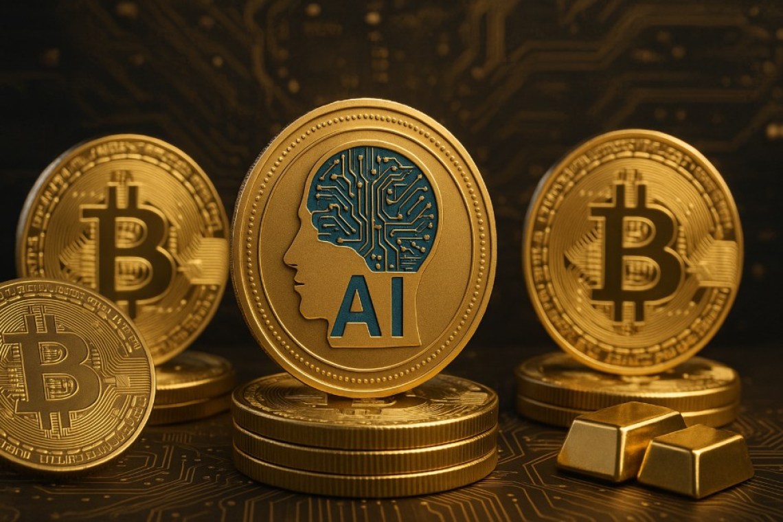 Imagem de criptomoedas, uma delas exibindo o simbolo da inteligencia artificial