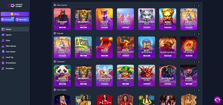 cryptogames casino game selection homepage