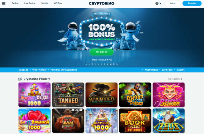 Cryptorino - nodrošina anonīmu spēli un atbalsta VPN lietošanu