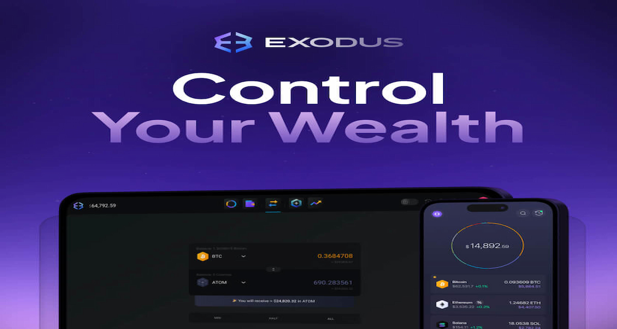 Exodus: Lietotājam draudzīgs maks ar 1000+ kriptovalūtām un iebūvētu apmaiņu.