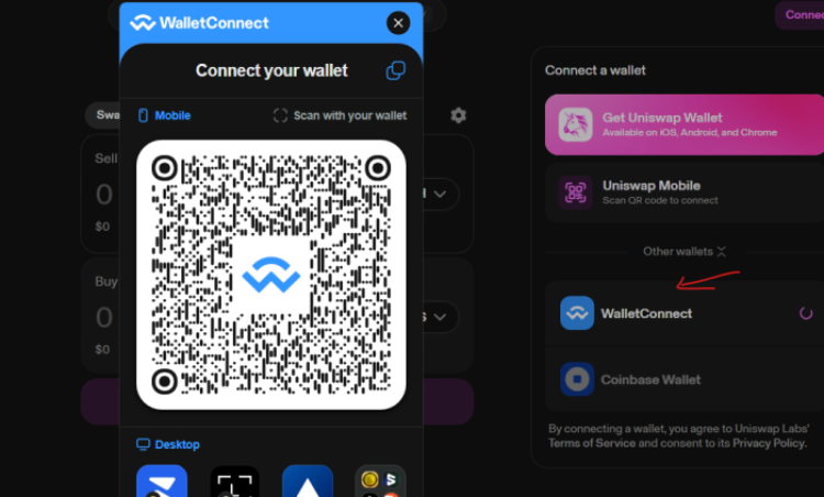 WalletConnect QR Code on Uniswap