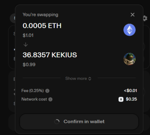 Swap Eth for Kekius on Uniswap
