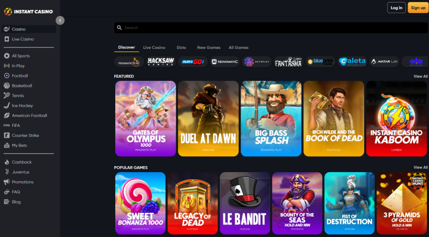 1. Instant Casino - daudzveidīgi spēļu automāti un tūlītējas izmaksas