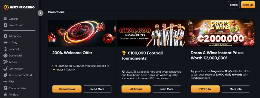 Instant Casino - iegūsti 200% bonusu līdz $7,500 un 10% naudas atmaksu