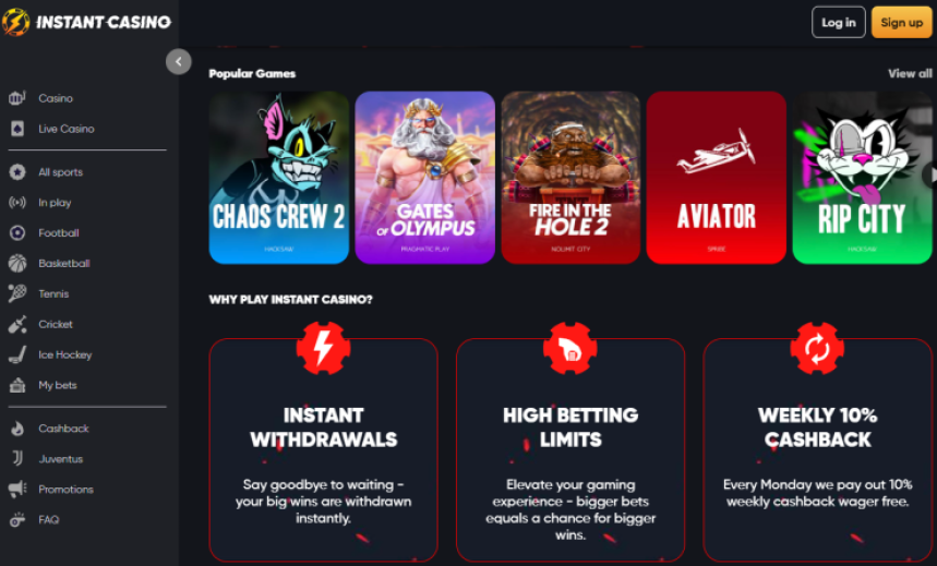 Instant Casino - ātri izmaksājami bonusi un vienmērīga spēļu pieredze