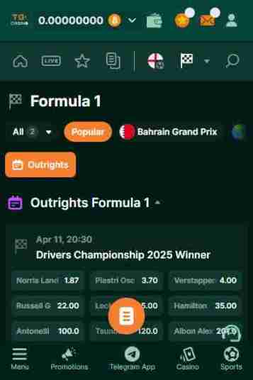 ブックメーカーF1オッズが魅力TGカジノ