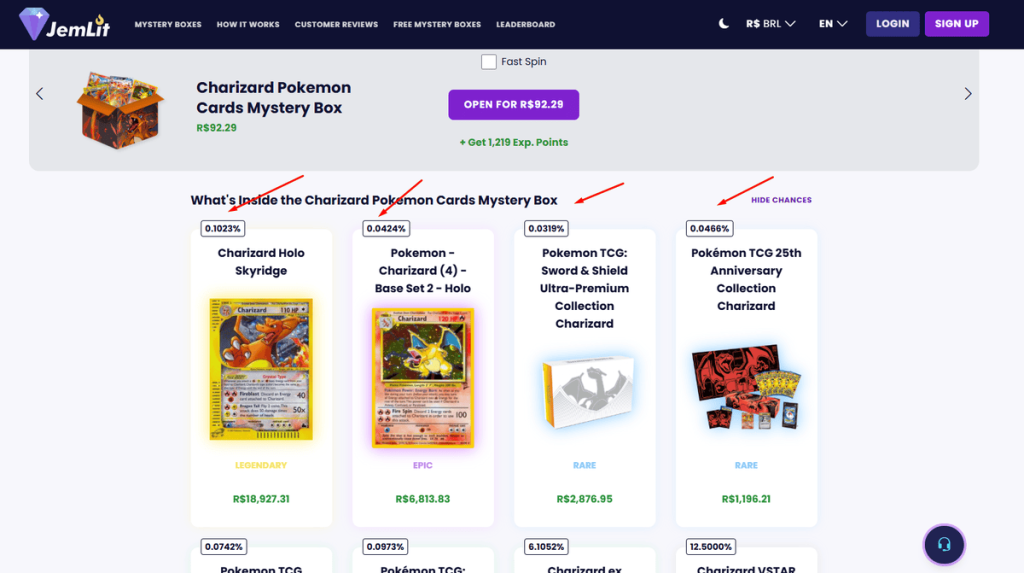 probabilidades prêmios pokemon