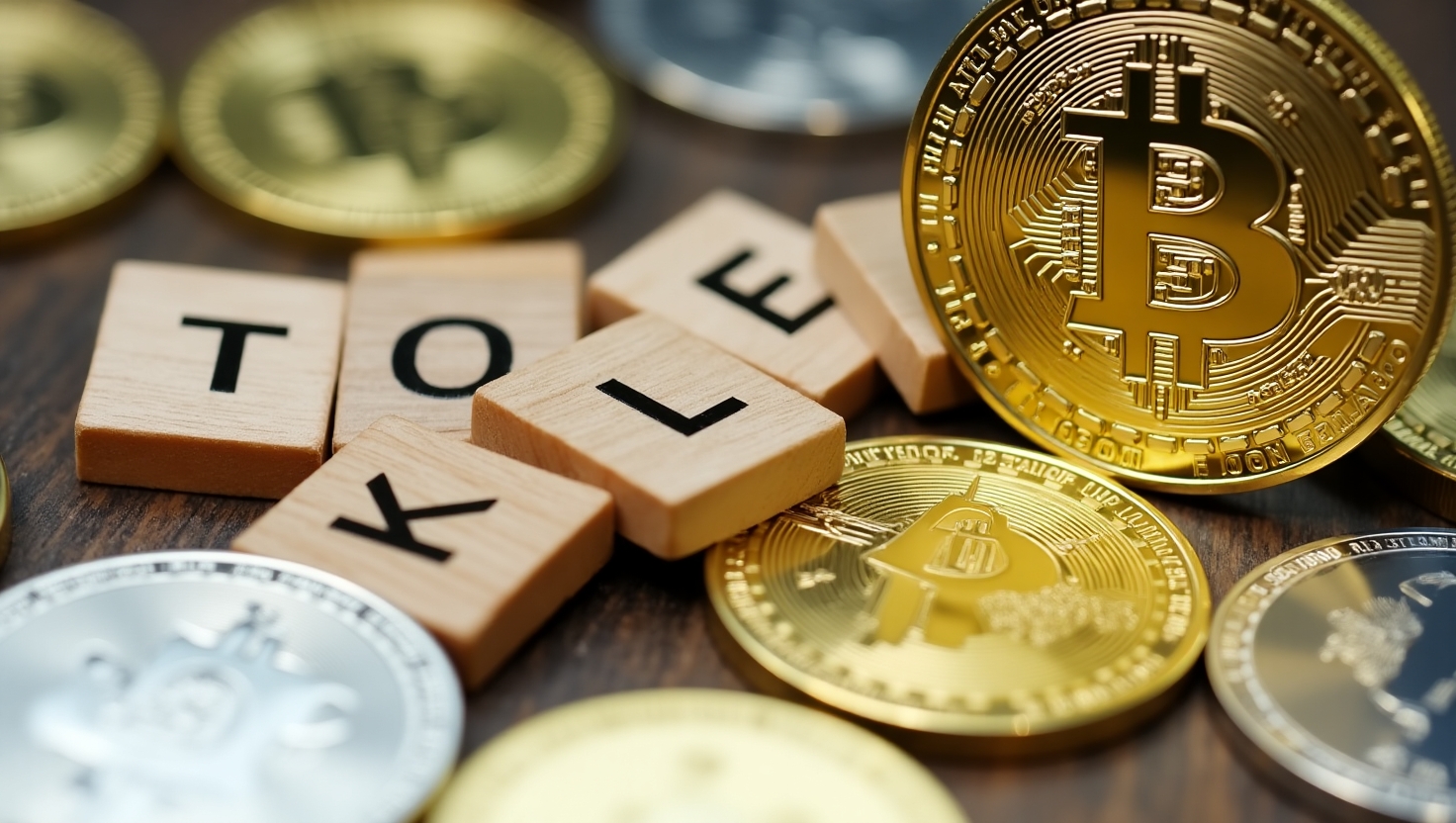 Imagem de moedas digitais com uma moeda de Bitcoin em destaque, cercada pelas letras de um conjunto de palavras que formam a palavra "STOLE". Visual ideal para ilustrar o tema de criptomoedas.