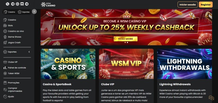Tela inicial do WSM Casino, uma das plataformas para apostas Wimbledon no Brasil