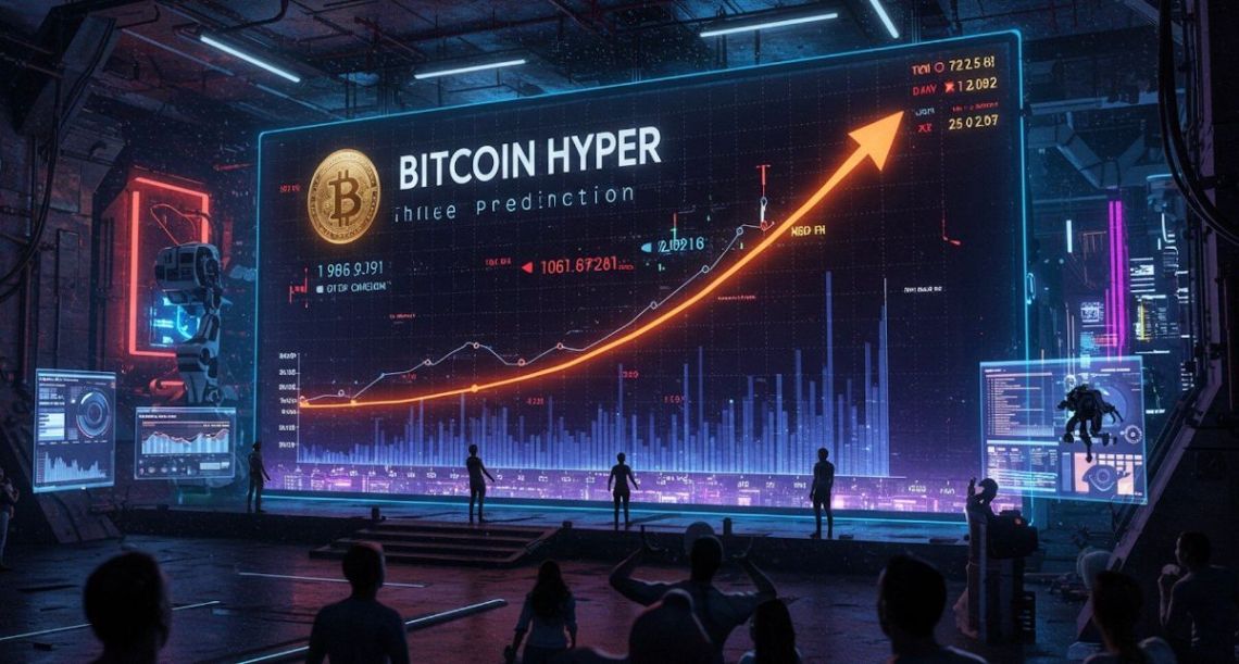 BitcoinHyperの将来価格の分析結果が映し出された大きなスクリーン