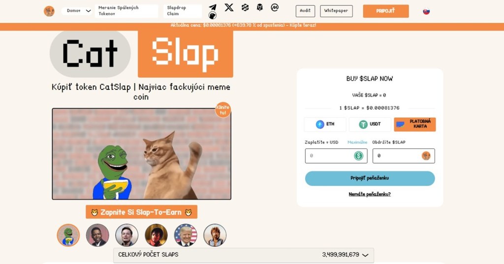 Catslap ($SLAP) Zábavný projekt s NFT prvkami a silným komunitným zázemím
