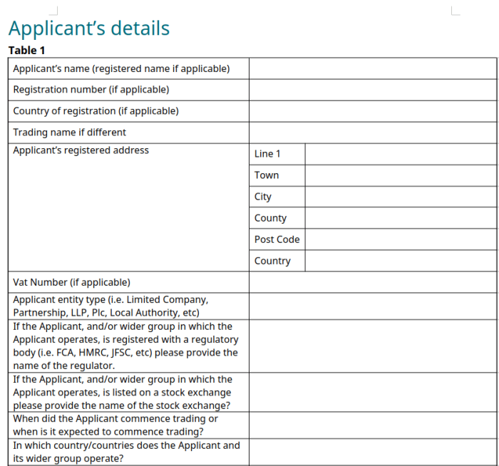Example of a customer due diligence (CDD) KYC form.