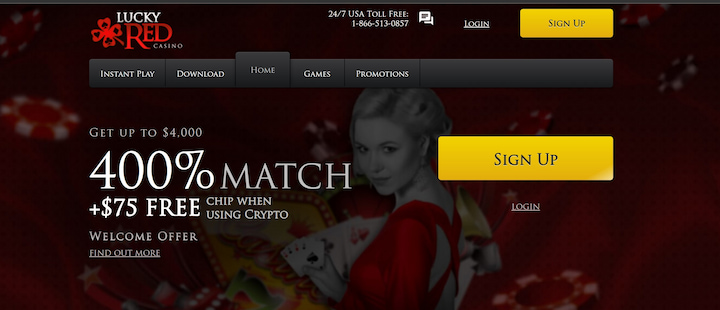 lucky red casino welcome bonus on homepage