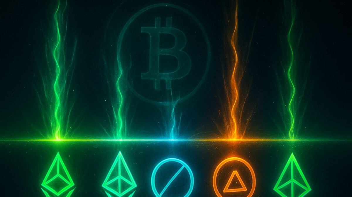 Öt, 1 dollár alatti altcoin szimbólum növekedési potenciállal, Bitcoin a háttérben.