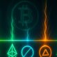 Öt, 1 dollár alatti altcoin szimbólum növekedési potenciállal, Bitcoin a háttérben.