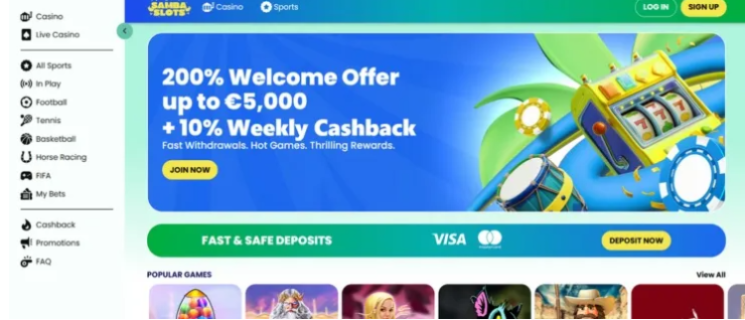 Samba Slots - krāsaina spēļu vietne, kas piedāvā iepazīšanās bonusu un daudz bezmaksas griezienu kazino spēlēm