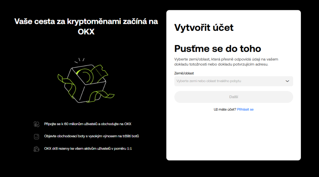 Registrační formulář OKX.