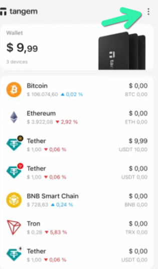 Tapping the three-dot icon in the Tangem app