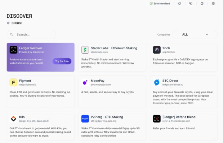 The Ledger Live app gives direct access to dApps