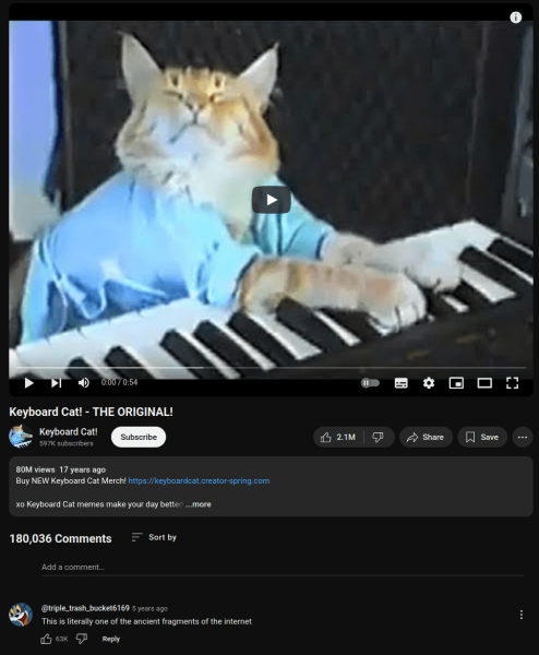 The original keyboard cat meme, as seen on YouTube