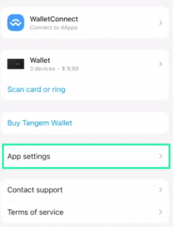 The ‘App settings’ option highlighted in the Tangem app settings.