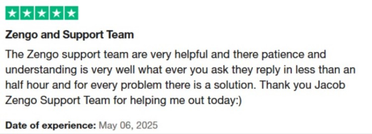 Zengo Trustpilot review about customer support.