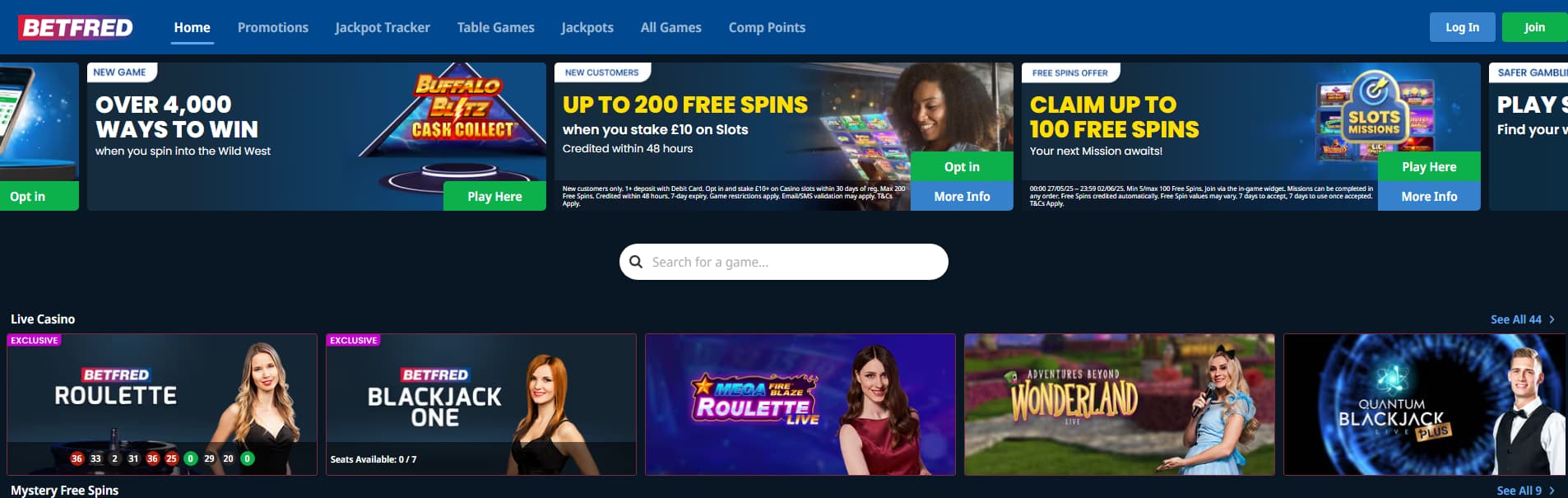 BetFred frontpage with their promotions and live casino games