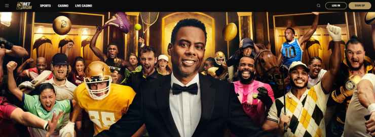 BetMGM UK homepage with Chris Rock in the foreground and athletes behind him