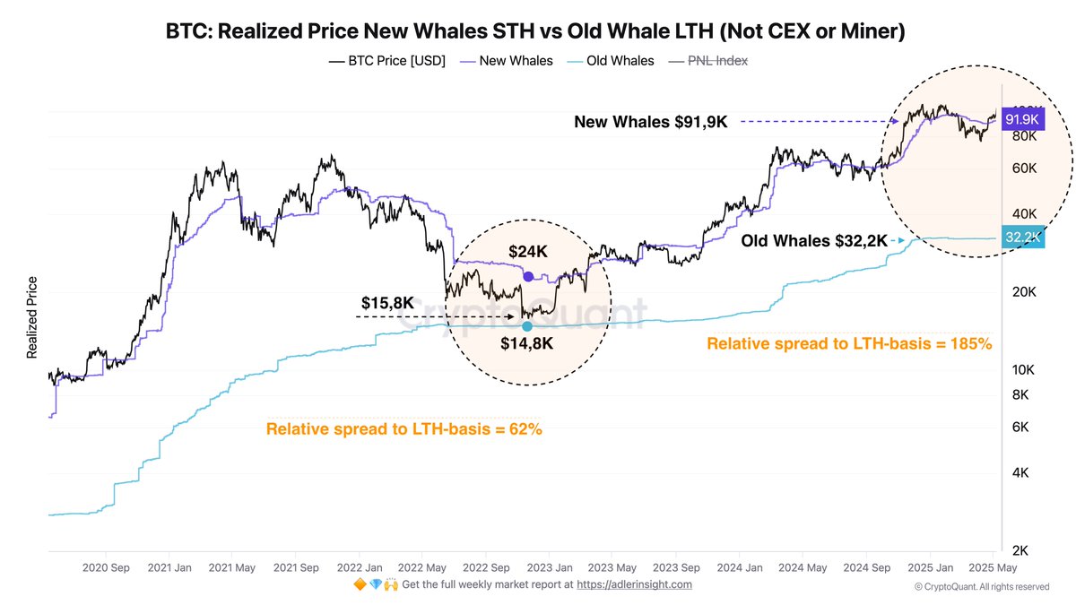 Bitcoin Realized Price New Whales STH vs Old Whale LTH | Source: Axel Adler on X