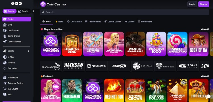Homepage do CoinCasino, um dos Cassinos Bitcoin