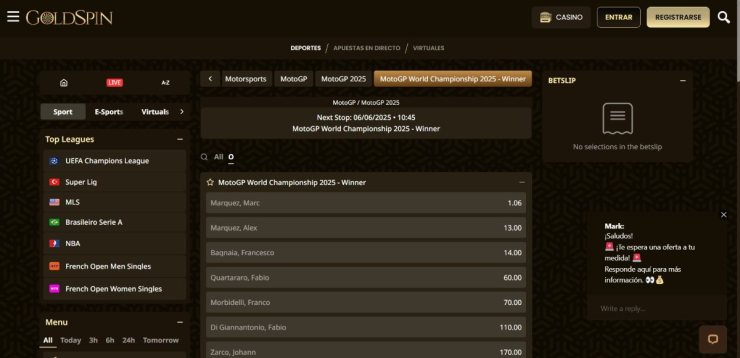 Los pronósticos de MotoGP siempre están disponibles en Goldspin