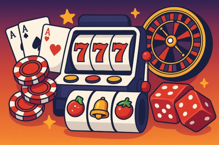 Imagem de uma máquina caça-níqueis colorida ao lado de cartas de pôquer, fichas de cassino, dados e uma roda de roleta, representando jogos de azar.