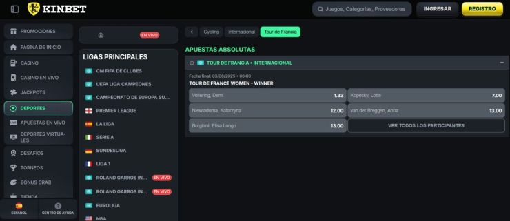 Kinbet dispone de una interfaz óptima para apostar al Tour de Francia y otras competiciones