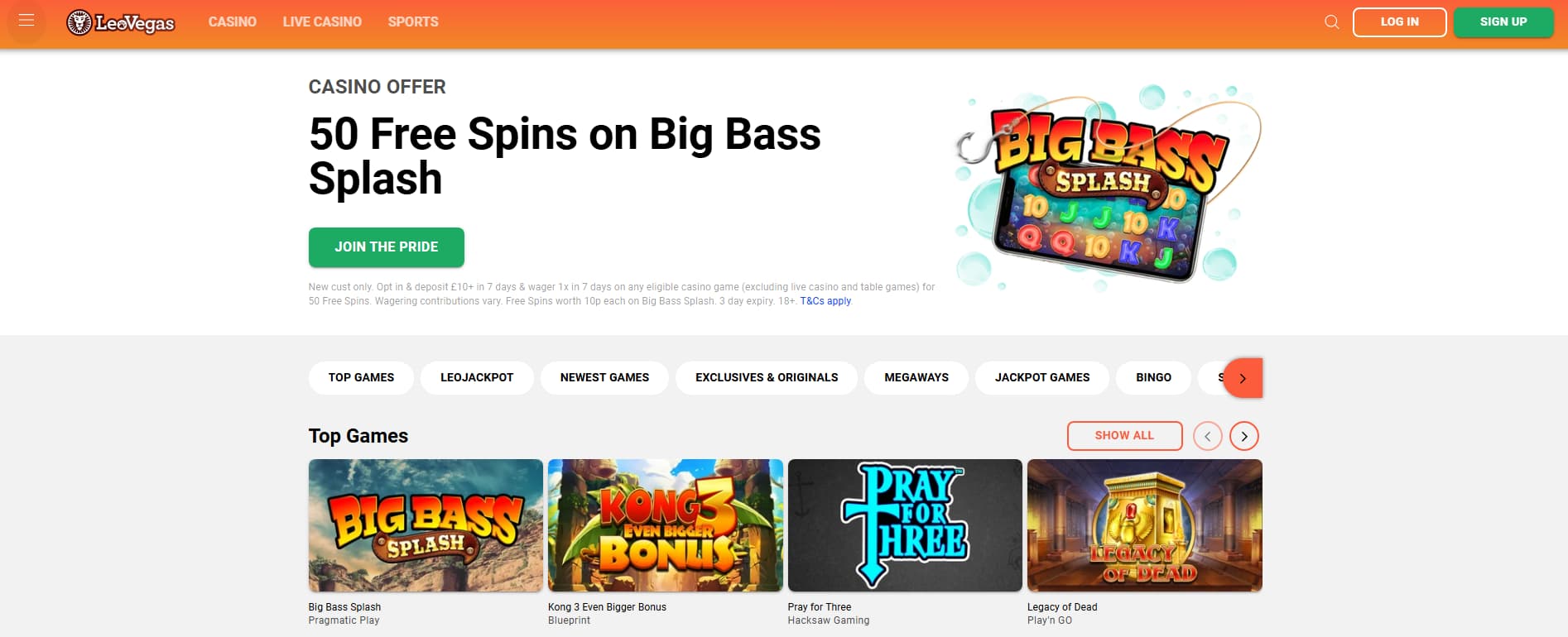 Leo Vegas homepage with their free spin offer for Big Bash Splash