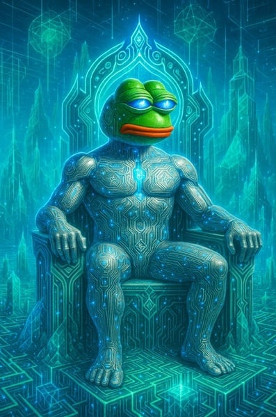 شخصية MIND of Pepe متربعة على عرش مصنوع من لوحة إلكترونية مضيئة