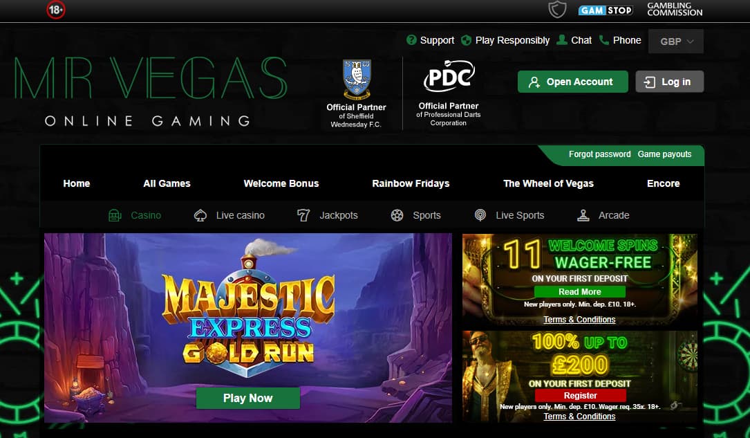Mr Vegas homepage with their welcome bonus and game sections