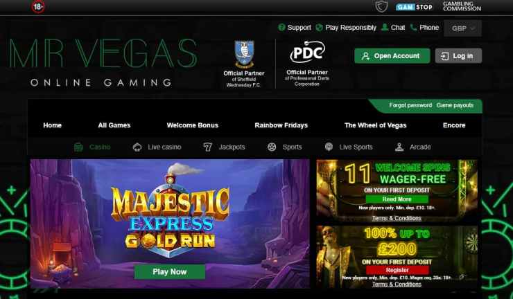 Mr Vegas homepage with their welcome bonus and game sections