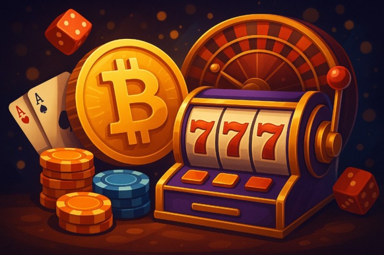 Imagem de uma slot machine com tema de cassino, apresentando Bitcoin, fichas de jogo e cartas, simbolizando o jogo online e apostas com criptomoedas.