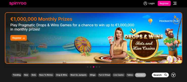 SpinYoo frontpage with their drops and wins promotion
