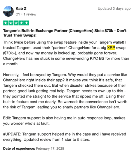 third Tangem review on TrustPilot