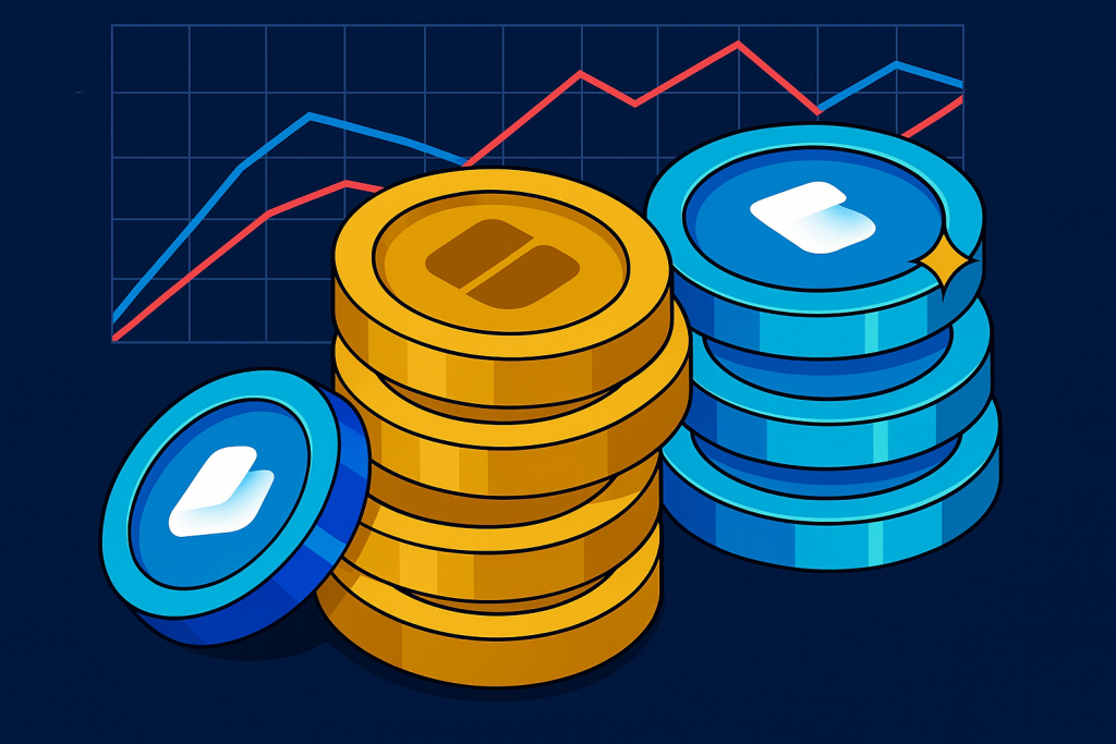عملات رقمية باللون الأزرق والأصفر وخلفها مخطط بياني