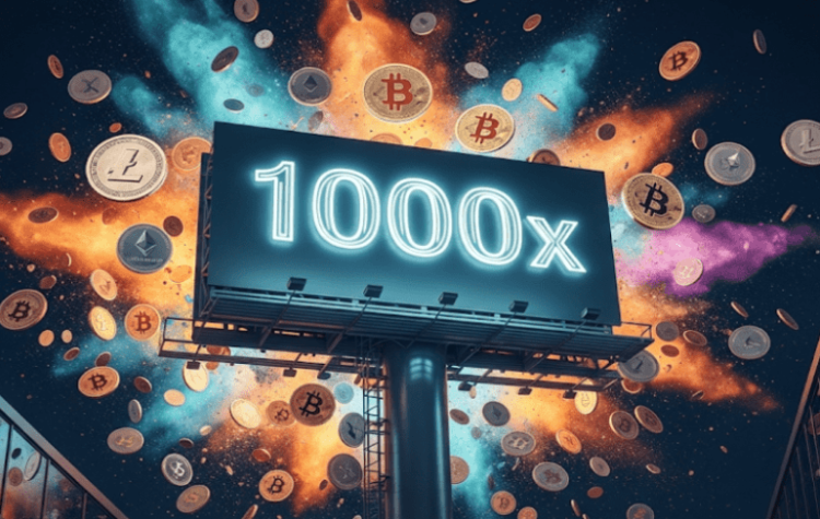 انفجارات مدوية تتطاير منها شعارات عملات رقمية، وأمامها  لوحة إعلانية كبيرة عليها عبارة "1,000 ضعف"
