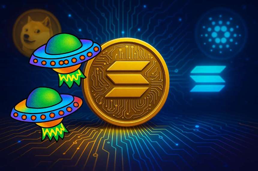 Altcoin Solaxy ($SOLX) prikazan ispred blockchain mreže, uz Dogecoin i Cardano u pozadini — simboličan prikaz rasta i potencijala novih Altcoina.