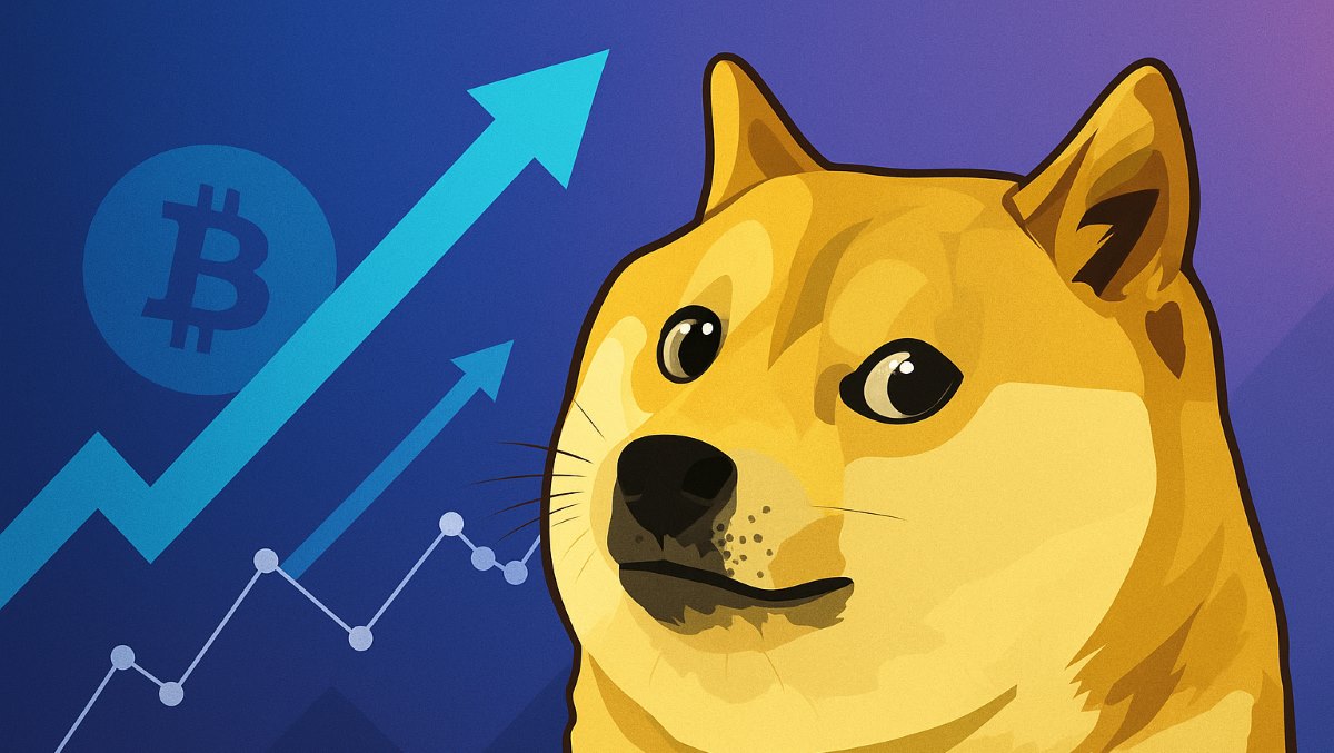 Doge meme pes s finančným pozadím a symbolmi rastu, reprezentujúci presuny veľrýb Dogecoinu do AI altcoinu