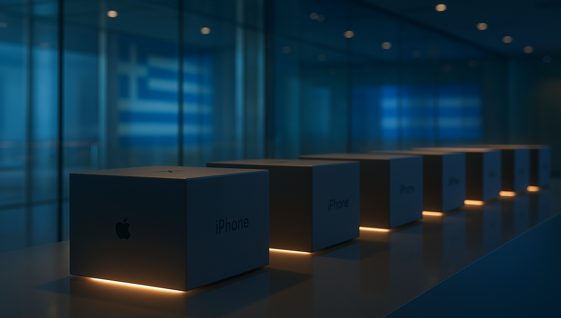 Ράφι με πολλά mystery boxes iPhone και ελληνικά χρώματα στο φόντο