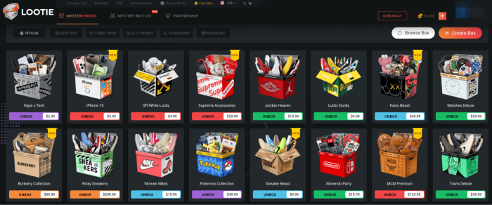 Lootie’s homepage displays everything you need to know with straightforward menus and labels.
