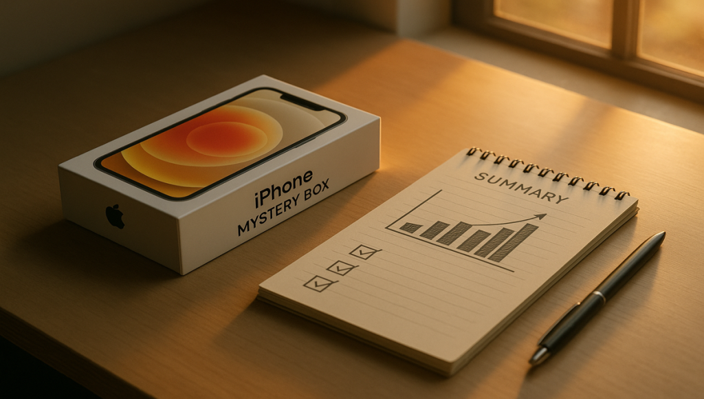 iPhone mystery box πάνω σε γραφείο με σημειώσεις και γραφικό με checkmarks